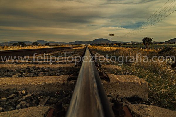 Via de tren cielo nublado atardecer. En la via campo tequilero.