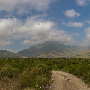 Nubes, cielo azul, sendero, vegetacion, monatañas. En el Valle.