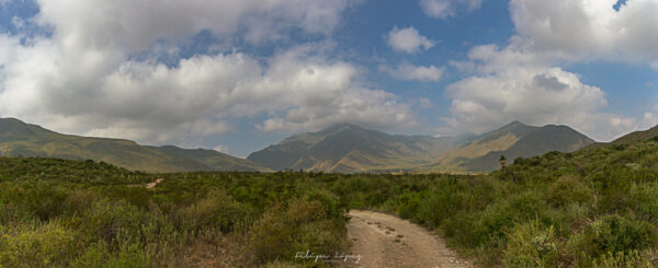 Nubes, cielo azul, sendero, vegetacion, monatañas. En el Valle.