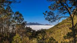 nubes blancas, niebla, monta&ntilde;a, arboles, cielo azul.