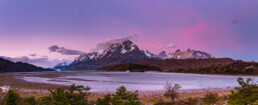 fiordo, nubes blanca, monta&ntilde;a, paine grande, vegetacion, atardecer.
