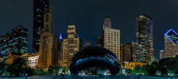 luces, cielo azul, the bean, chicago, edificios, noche.